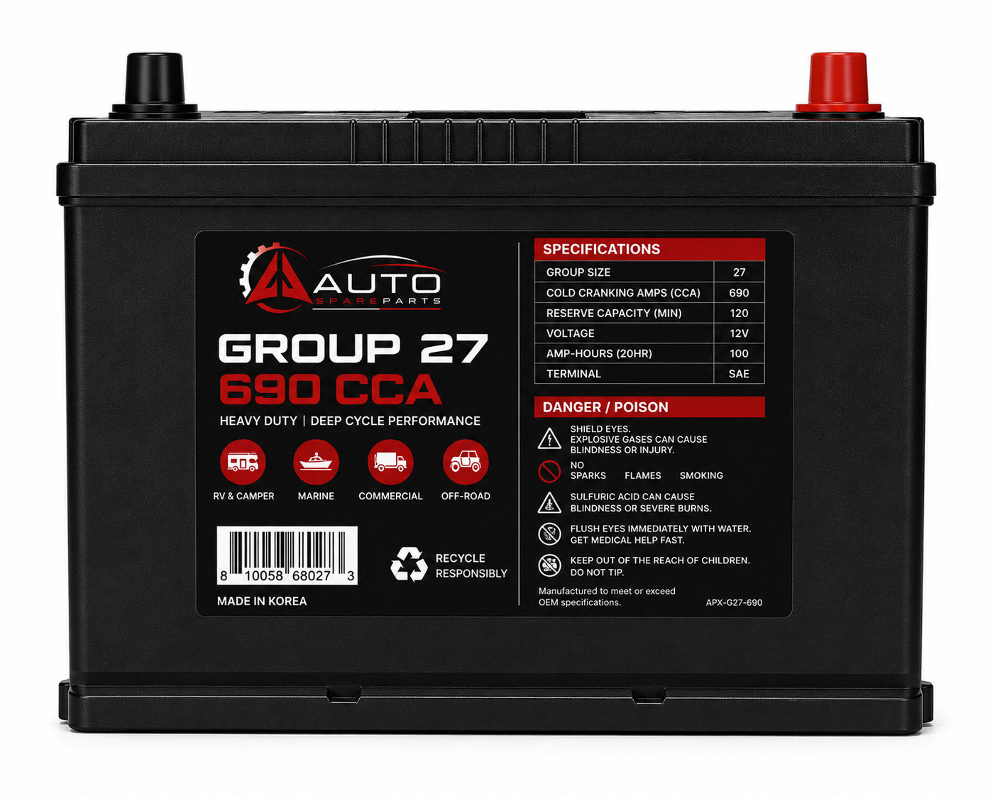Group 27 Battery — 690 CCA — Heavy Accessory & RV Use